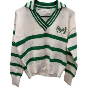 Luna Ivy Green & White Striped Tennis Sweater V-Neck Collared Knit Size M